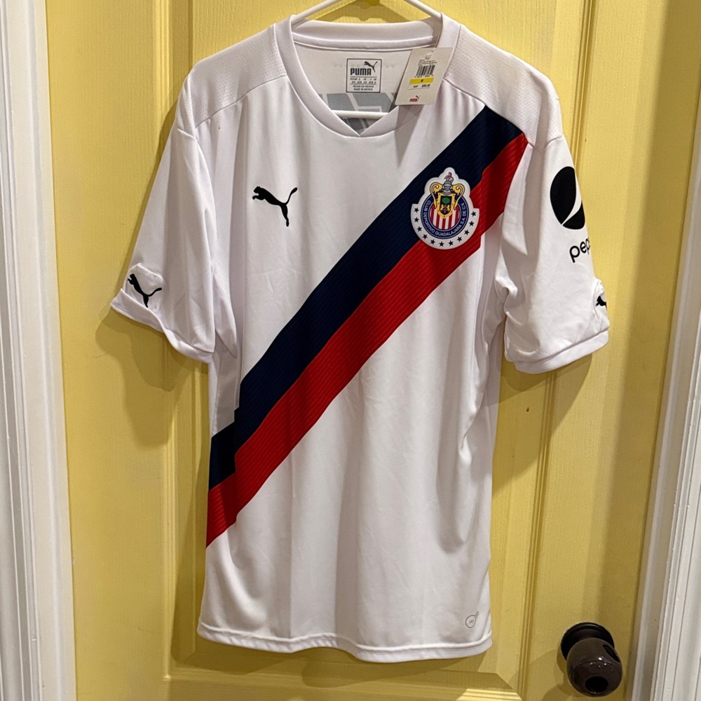 Puma White Soccer Jersey with Red & Navy Diagonal Stripes